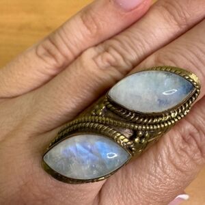 Vintage Gold Brass Moonstone Ring Marquise Navette Adjustable Bohemian Handmade
